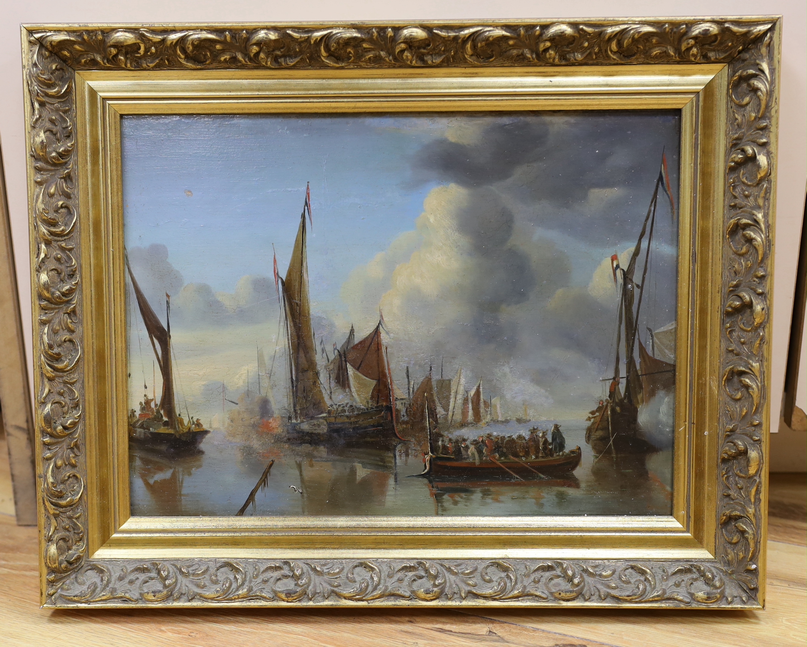 19th century Dutch School, oil on board, Shipping at anchor with salute being fired to a barge party, indistinct ink inscription and red wax seals verso, 24 x 33cm